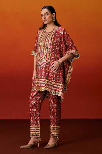 Buy_Evra By Nikita_Red Silk, Cotton Gota Patti Round Neck Patola Print Kaftan And Pant Set _Online_at_Aza_Fashions
