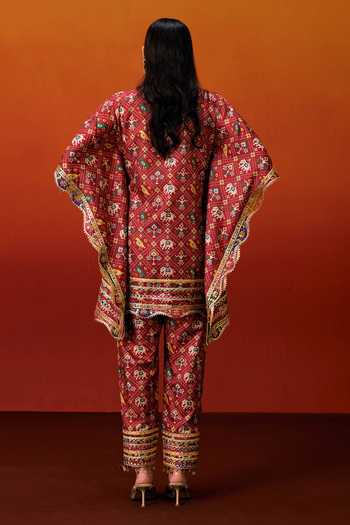 Shop_Evra By Nikita_Red Silk, Cotton Gota Patti Round Neck Patola Print Kaftan And Pant Set _at_Aza_Fashions