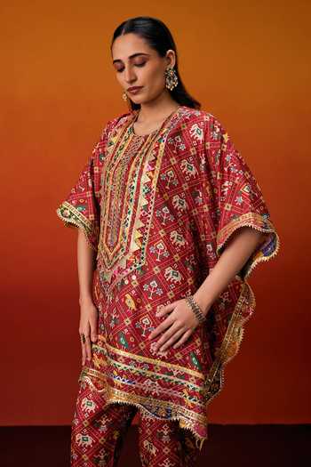 Shop_Evra By Nikita_Red Silk, Cotton Gota Patti Round Neck Patola Print Kaftan And Pant Set _Online_at_Aza_Fashions