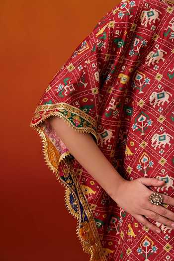 Evra By Nikita_Red Silk, Cotton Gota Patti Round Neck Patola Print Kaftan And Pant Set _at_Aza_Fashions