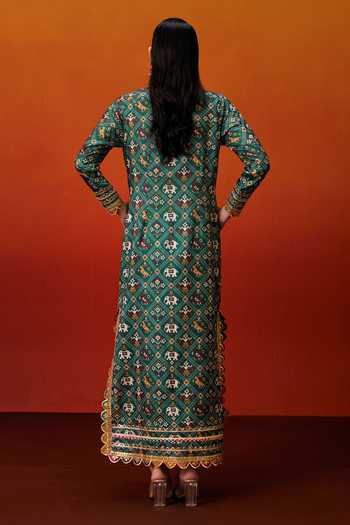 Shop_Evra By Nikita_Green Silk, Cotton Gota Patti Round Neck Patola Print Kaftan _at_Aza_Fashions
