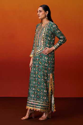 Evra By Nikita_Green Silk, Cotton Gota Patti Round Neck Patola Print Kaftan _Online_at_Aza_Fashions
