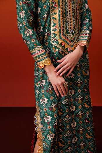 Shop_Evra By Nikita_Green Silk, Cotton Gota Patti Round Neck Patola Print Kaftan _Online_at_Aza_Fashions