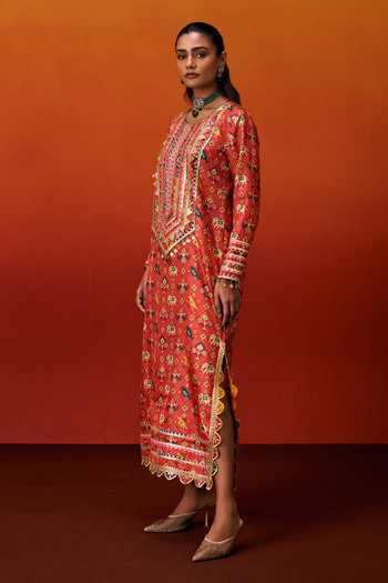 Evra By Nikita_Orange Silk, Cotton Gota Patti Round Neck Patola Print Kaftan _Online_at_Aza_Fashions