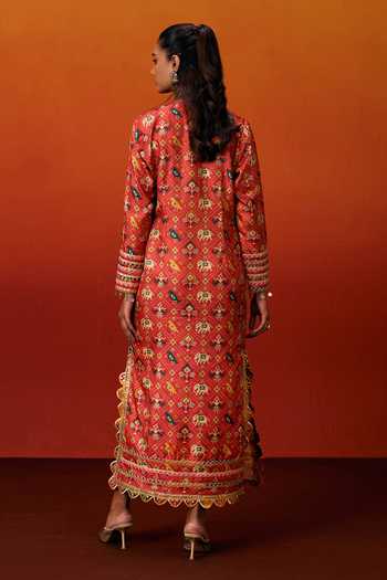 Shop_Evra By Nikita_Orange Silk, Cotton Gota Patti Round Neck Patola Print Kaftan _at_Aza_Fashions