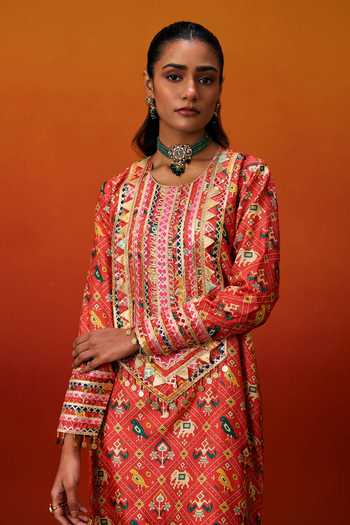 Buy_Evra By Nikita_Orange Silk, Cotton Gota Patti Round Neck Patola Print Kaftan _Online_at_Aza_Fashions