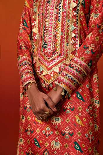 Shop_Evra By Nikita_Orange Silk, Cotton Gota Patti Round Neck Patola Print Kaftan _Online_at_Aza_Fashions