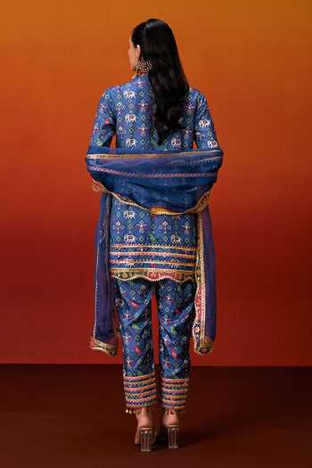 Shop_Evra By Nikita_Blue Silk, Cotton Gota Patti Round Neck, Yes Patola Print Kurta Set _at_Aza_Fashions