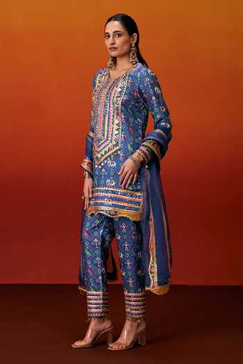 Buy_Evra By Nikita_Blue Silk, Cotton Gota Patti Round Neck, Yes Patola Print Kurta Set _Online_at_Aza_Fashions