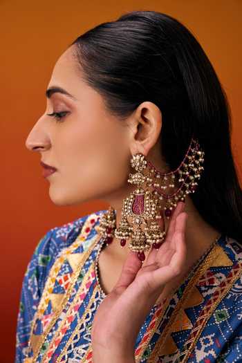 Shop_Evra By Nikita_Blue Silk, Cotton Gota Patti Round Neck, Yes Patola Print Kurta Set _Online_at_Aza_Fashions