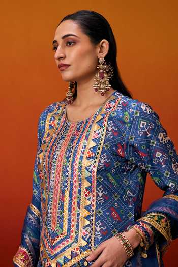 Evra By Nikita_Blue Silk, Cotton Gota Patti Round Neck, Yes Patola Print Kurta Set _at_Aza_Fashions