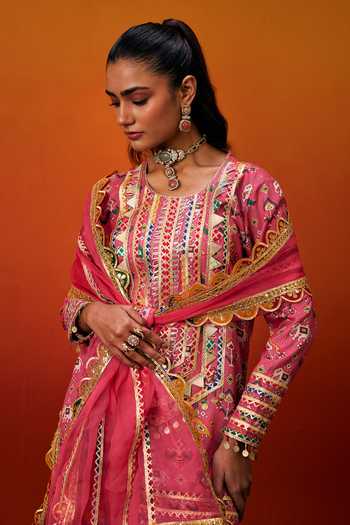 Buy_Evra By Nikita_Pink Silk, Cotton Gota Patti Round Neck, Yes Patola Print Kurta Pant Set _Online_at_Aza_Fashions