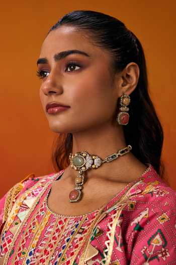 Shop_Evra By Nikita_Pink Silk, Cotton Gota Patti Round Neck, Yes Patola Print Kurta Pant Set _Online_at_Aza_Fashions