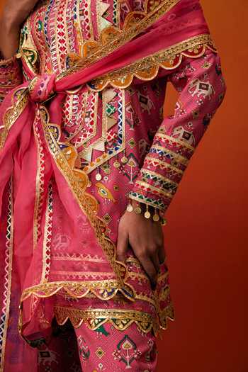 Evra By Nikita_Pink Silk, Cotton Gota Patti Round Neck, Yes Patola Print Kurta Pant Set _at_Aza_Fashions