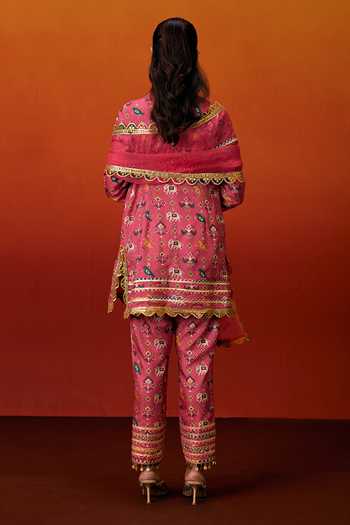 Shop_Evra By Nikita_Pink Silk, Cotton Gota Patti Round Neck, Yes Patola Print Kurta Pant Set _at_Aza_Fashions