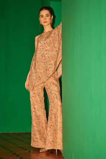 Evra By Nikita_Peach Georgette Embroidery One Shoulder Threadwork Cape And Palazzo Set _Online_at_Aza_Fashions