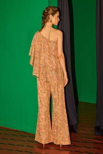 Shop_Evra By Nikita_Peach Georgette Embroidery One Shoulder Threadwork Cape And Palazzo Set _at_Aza_Fashions