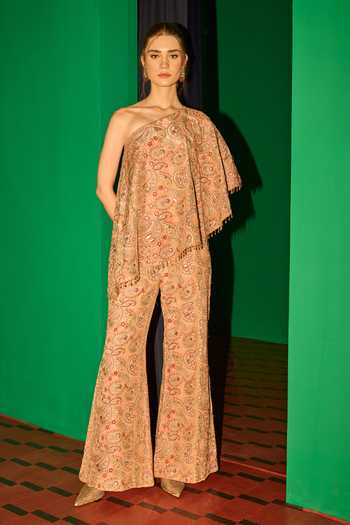 Buy_Evra By Nikita_Peach Georgette Embroidery One Shoulder Threadwork Cape And Palazzo Set _Online_at_Aza_Fashions