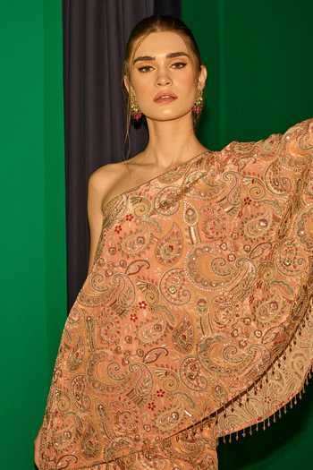 Shop_Evra By Nikita_Peach Georgette Embroidery One Shoulder Threadwork Cape And Palazzo Set _Online_at_Aza_Fashions