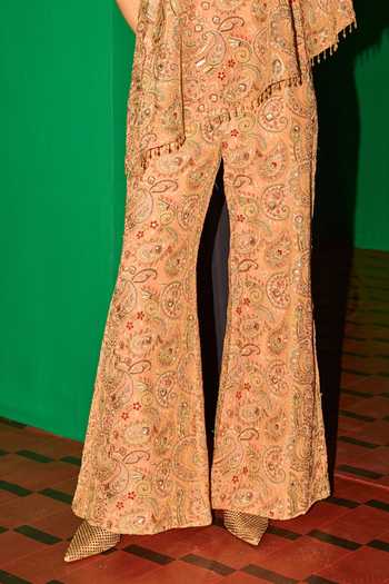 Evra By Nikita_Peach Georgette Embroidery One Shoulder Threadwork Cape And Palazzo Set _at_Aza_Fashions