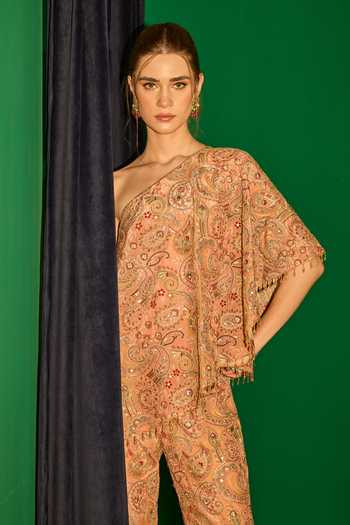 Buy_Evra By Nikita_Peach Georgette Embroidery One Shoulder Threadwork Cape And Palazzo Set 