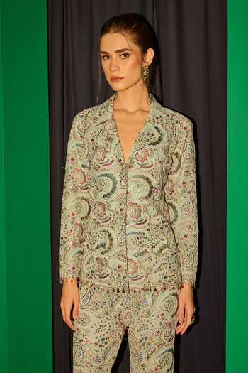 Evra By Nikita_Green Georgette Embroidery Blazer And Pant Set _at_Aza_Fashions