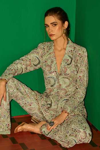 Buy_Evra By Nikita_Green Georgette Embroidery Blazer And Pant Set 