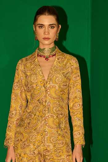 Evra By Nikita_Yellow Georgette Embroidery Threadwork Blazer And Pant Set _Online_at_Aza_Fashions