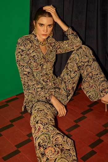 Shop_Evra By Nikita_Black Georgette Embroidery Threadwork Blazer And Pant Set _Online_at_Aza_Fashions