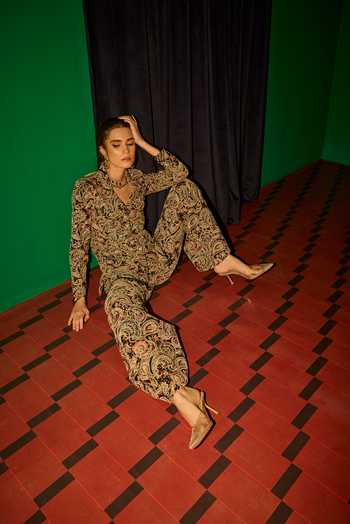 Evra By Nikita_Black Georgette Embroidery Threadwork Blazer And Pant Set _at_Aza_Fashions