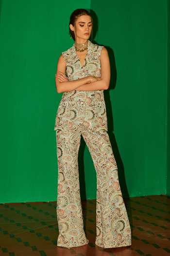 Evra By Nikita_Blue Georgette Embroidery V-neck Threadwork Jacket And Pant Set _Online_at_Aza_Fashions