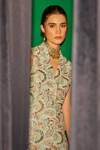 Evra By Nikita_Blue Georgette Embroidery V-neck Threadwork Jacket And Pant Set _at_Aza_Fashions