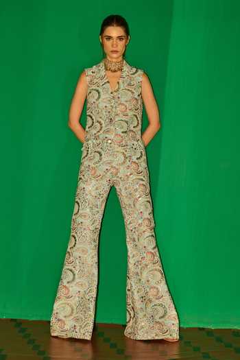 Buy_Evra By Nikita_Blue Georgette Embroidery V-neck Threadwork Jacket And Pant Set 