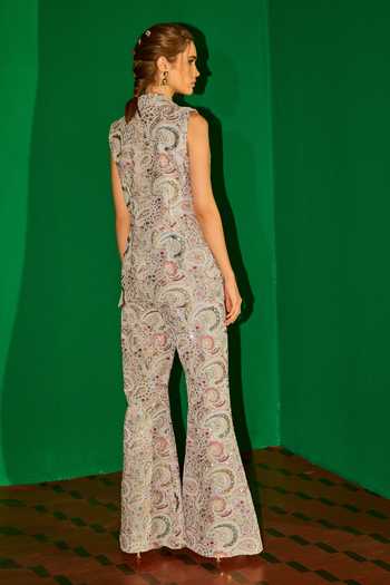 Shop_Evra By Nikita_Grey Georgette Embroidery V-neck Threadwork Jacket And Palazzo Set _at_Aza_Fashions