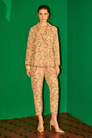 Shop_Evra By Nikita_Peach Georgette Embroidery Blazer And Pant Set _at_Aza_Fashions