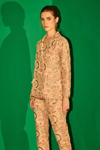 Evra By Nikita_Peach Georgette Embroidery Blazer And Pant Set _Online_at_Aza_Fashions