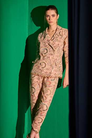 Shop_Evra By Nikita_Peach Georgette Embroidery Blazer And Pant Set _Online_at_Aza_Fashions