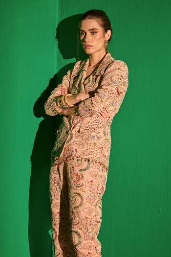 Evra By Nikita_Peach Georgette Embroidery Blazer And Pant Set _at_Aza_Fashions