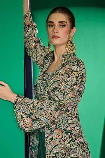 Evra By Nikita_Green Georgette Embroidery Square Neck Threadwork Jacket Set _at_Aza_Fashions