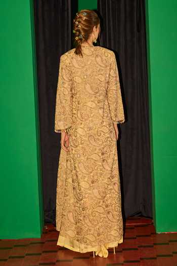 Shop_Evra By Nikita_Yellow Georgette Embroidery Threadwork Jacket Palazzo Set _at_Aza_Fashions