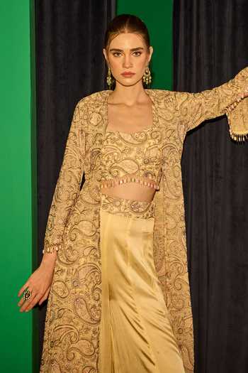 Evra By Nikita_Yellow Georgette Embroidery Threadwork Jacket Palazzo Set _Online_at_Aza_Fashions