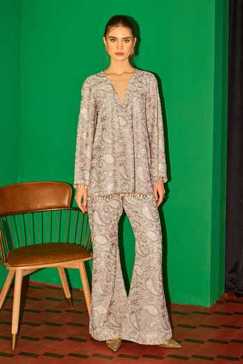 Buy_Evra By Nikita_Grey Georgette Embroidery V-neck, Yes Kurta And Pant Set _at_Aza_Fashions