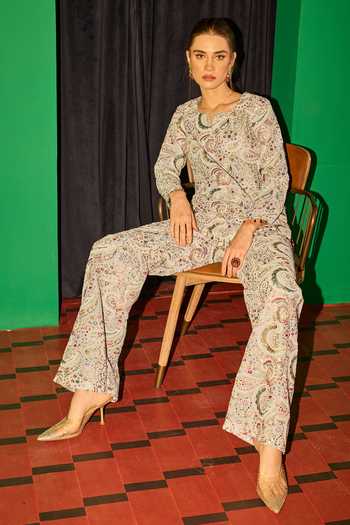 Evra By Nikita_Multi Color Georgette Embroidery Round Neck Threadwork Kurta And Pant Set _at_Aza_Fashions