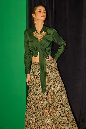 Evra By Nikita_Green Georgette Embroidery Collared Shirt And Lehenga Set _Online_at_Aza_Fashions