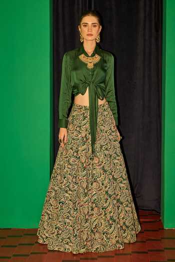 Buy_Evra By Nikita_Green Georgette Embroidery Collared Shirt And Lehenga Set _Online_at_Aza_Fashions