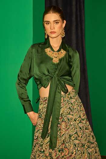 Shop_Evra By Nikita_Green Georgette Embroidery Collared Shirt And Lehenga Set _Online_at_Aza_Fashions