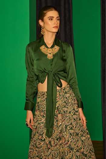 Evra By Nikita_Green Georgette Embroidery Collared Shirt And Lehenga Set _at_Aza_Fashions
