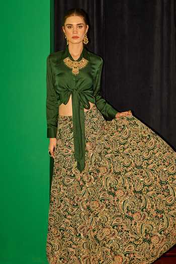 Buy_Evra By Nikita_Green Georgette Embroidery Collared Shirt And Lehenga Set 