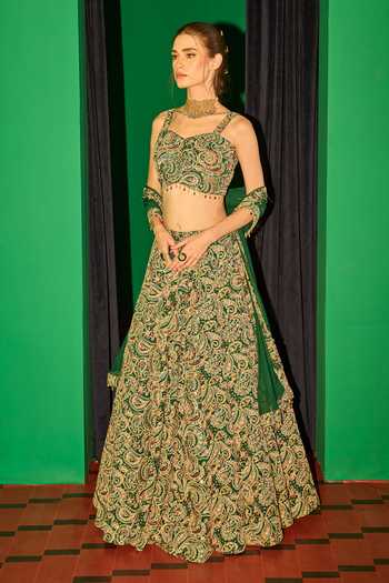 Buy_Evra By Nikita_Green Georgette Embroidery Sweetheart Neck Paisley Lehenga Set _Online_at_Aza_Fashions