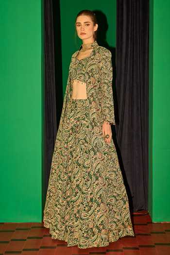 Evra By Nikita_Green Georgette Embroidery Sweetheart Neck Paisley Lehenga Set _at_Aza_Fashions